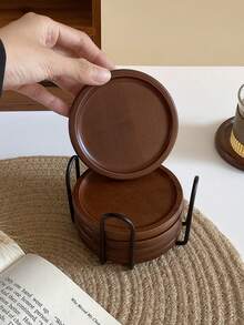 1 Set/6pcs Wooden Coasters With Holder Rack, Heat Insulation Non-Slip Cup Mat, Simple Wooden Coasters, Black & Gold Cup Coaster Holder, Suitable For Modern Home Decor, Coffee Table Top Protection, Rustic Style Outdoor Coasters For Any Cups, Gift - Multicolor - View 6