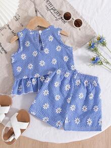女婴可爱雏菊印花蓝色格子蝴蝶结荷叶边无袖上衣和宽松蝴蝶结短裤两件套，度假风 - 藍色 - 查看 2