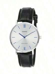 Casio Reloj analógico para hombres con esfera plateada minimalista y correa de cuero negro MTP-VT01L-7B1 - Blanco - Ver 8