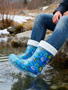 女士中筒靴，可爱卡通图案，雪地靴，带可拆卸羊毛饰边，休闲日常鞋款 - 淺藍色 - 查看 3