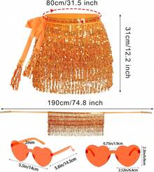 Sequin Belly Dance Scarf Tassel Wrap Sparkly Fringe Skirt With Pair Heart Party Rave Costume Women - 橘子 - 查看 3