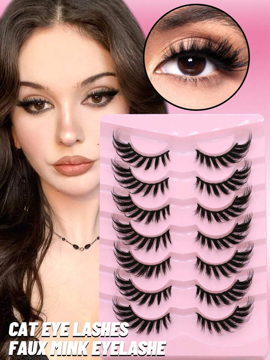 7 Pairs Fox Eye Lashes Eye Elongated Eyelashes Faux Mink Eyelashes Winged End Thick Fake Lashes Wispy Full Strip False Eyelashes Reusable And Easy To Apply Makeup Accessories For A Dramatic Eye Look Suitable For Party - Cat Eye Lashes - View 1