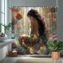 1件装美人鱼与鱼群浴帘，金色美人鱼与活力鱼群，阳光珊瑚礁设计，耐用涤纶面料，浴室装饰，独特礼品之选，美人鱼浴室装饰，浴室配件 - 彩色 - 查看 2