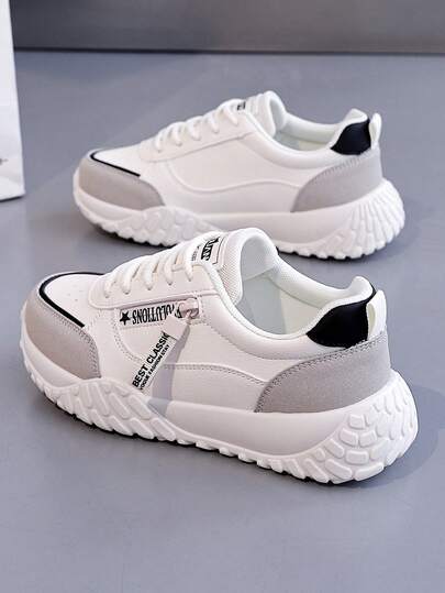 女士白色运动鞋，休闲街头风，时尚平底运动鞋