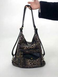 Y2K Retro Women's Leopard Print Shoulder Bag, Large Capacity Multi Pocket Street Crossbody Bag, Multifunctional Convertible Backpack - Black - View 9