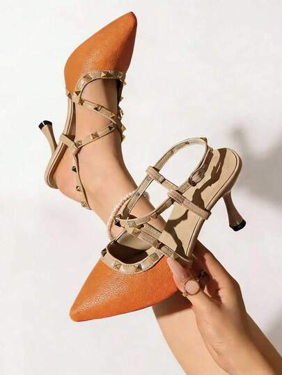 2026 Spring/Summer Women's Studded Pointed Toe High Heels, Featuring Elegant And Versatile Design, Suitable For Spring And Summer Seasons; Kitten Heel Style, Showcasing Graceful Elegance, Ideal For Pairing With Various Party Outfits, Fashionable Party Evening Shoes