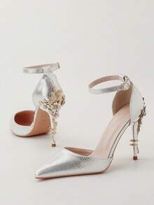优雅金属花卉尖头露跟高跟鞋，性感时尚女鞋 - 銀色 - 查看 1
