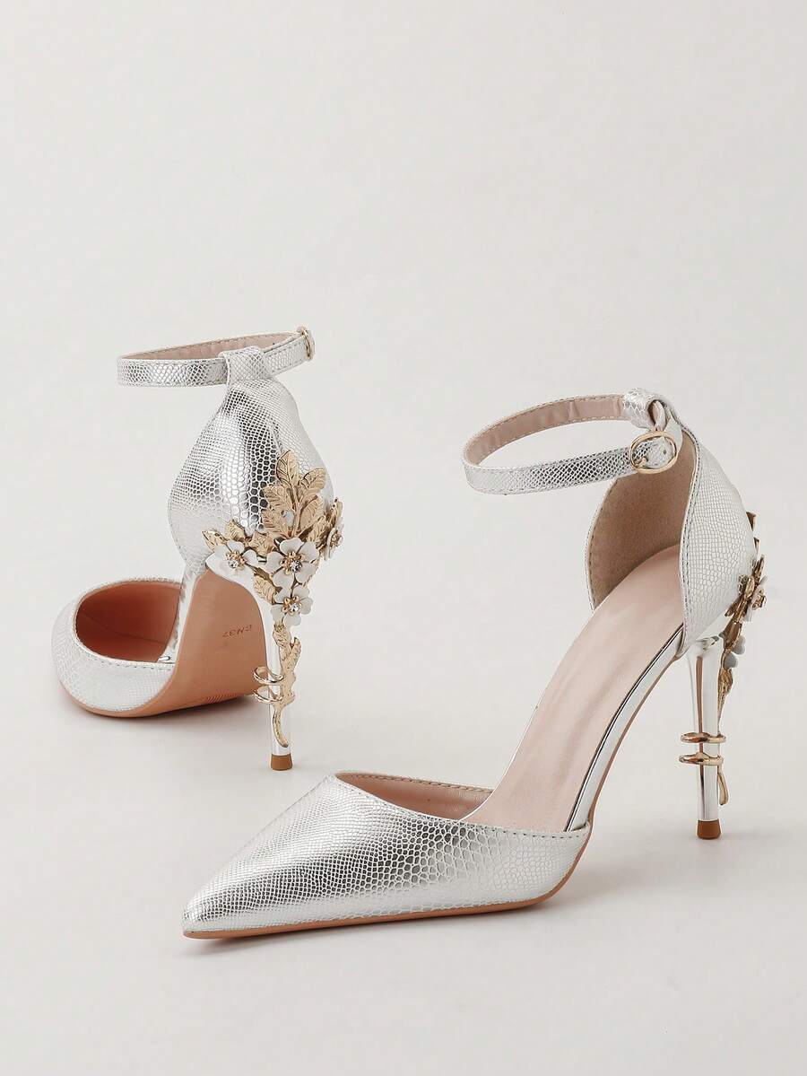 优雅金属花卉尖头露跟高跟鞋，性感时尚女鞋 - 銀色 - 查看 1