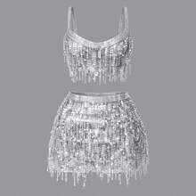 Women's Carnival Set: Sparkling Top And Skirt With Fringe And Sequins - 銀色 - 查看 1