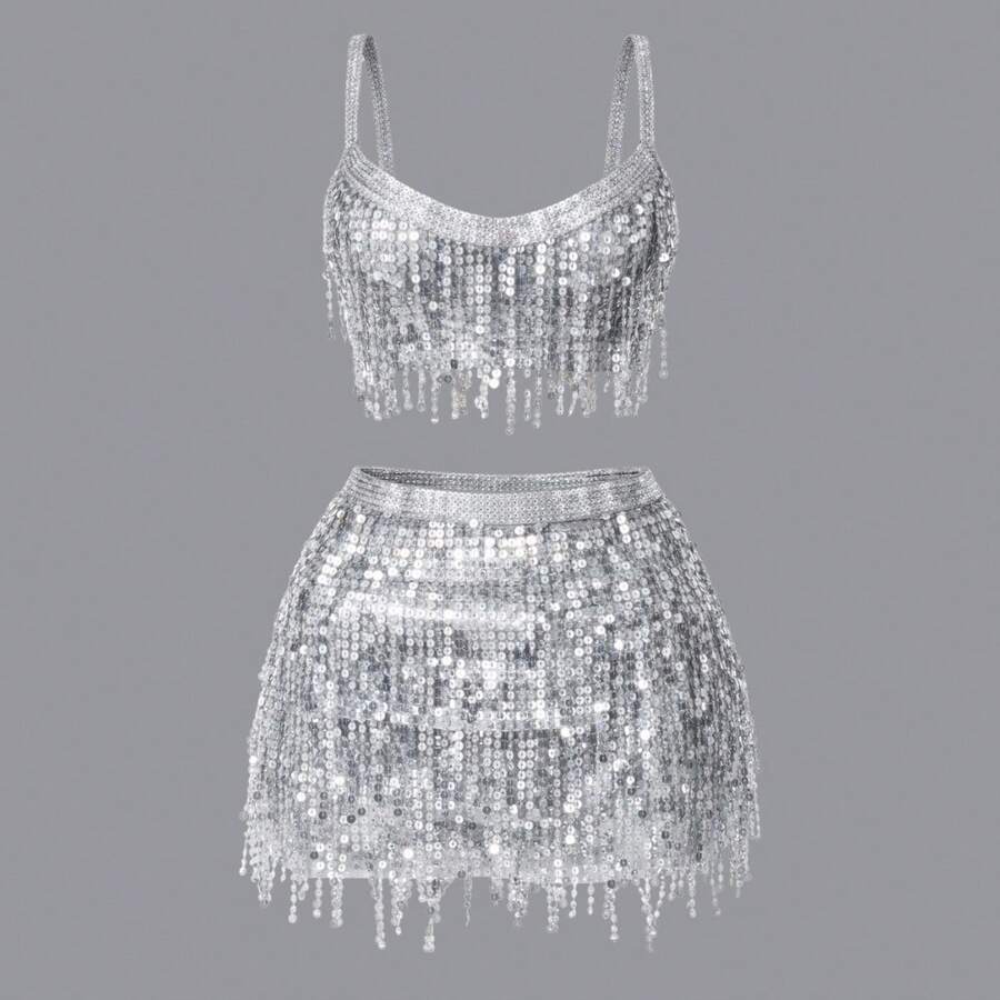 Women's Carnival Set: Sparkling Top And Skirt With Fringe And Sequins - 銀色 - 查看 1