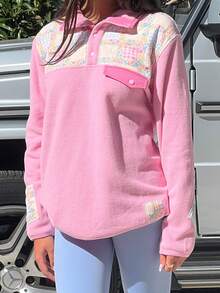 Women's Fleece Pullover Floral Patchwork Collar Pocket Casual Vintage Y2K Top - Hồng - Xem 3