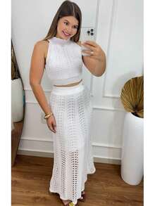 Women's Knit Set: Cropped Top SOFIA White, Long Lace Skirt, Women's Dress - Chic Summer Look - 白色 - 查看 1