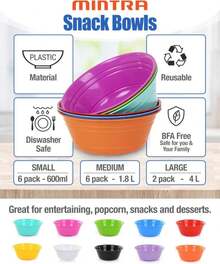 Mintra Home Snack Bowls (Large 2pk (4L), Red) - 10.75W X 4.5inH - Large Red Plastic Bowl For Popcorn, Snacks, Drinks, Candy, Holiday Party, Halloween, Trick Or Treat Bowls - 2 Pack - Màu H - Xem 2