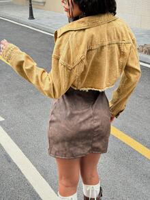 女式休闲流苏牛仔夹克，春秋季 - 卡其色 - 查看 6