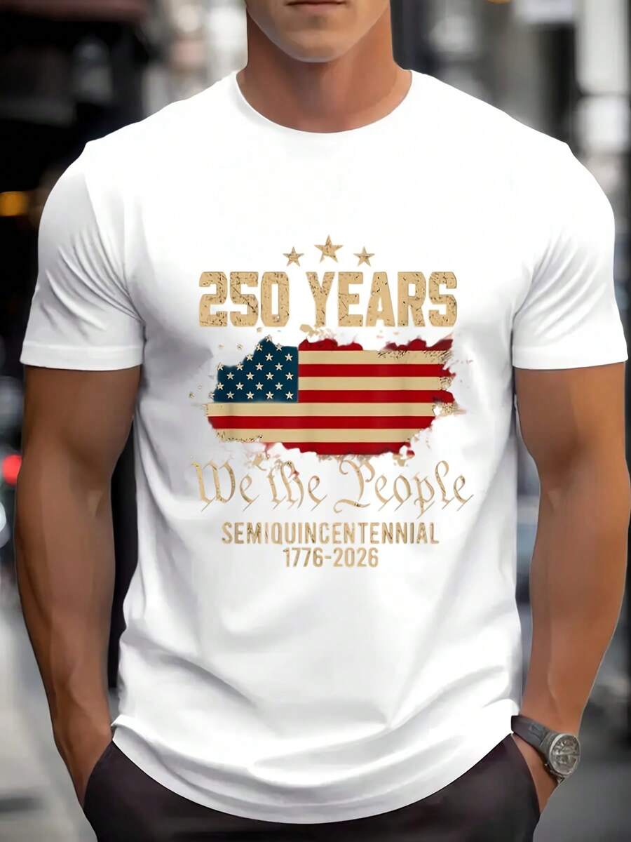 Men's American Flag 250 Years We The People Semiquincentennial 1776 2026 Print Round Neck Short Sleeve T Shirt For Independence Day Celebration Comfortable Fabric Suitable For Gifting - 白色 - 查看 1