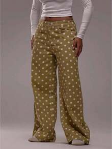 Polka Dot Jeans Women Low Rise Cute Baggy Jeans Y2k Straight Wide Leg Boyfriend Denim Pants Streetwear - 卡其色 - 查看 1