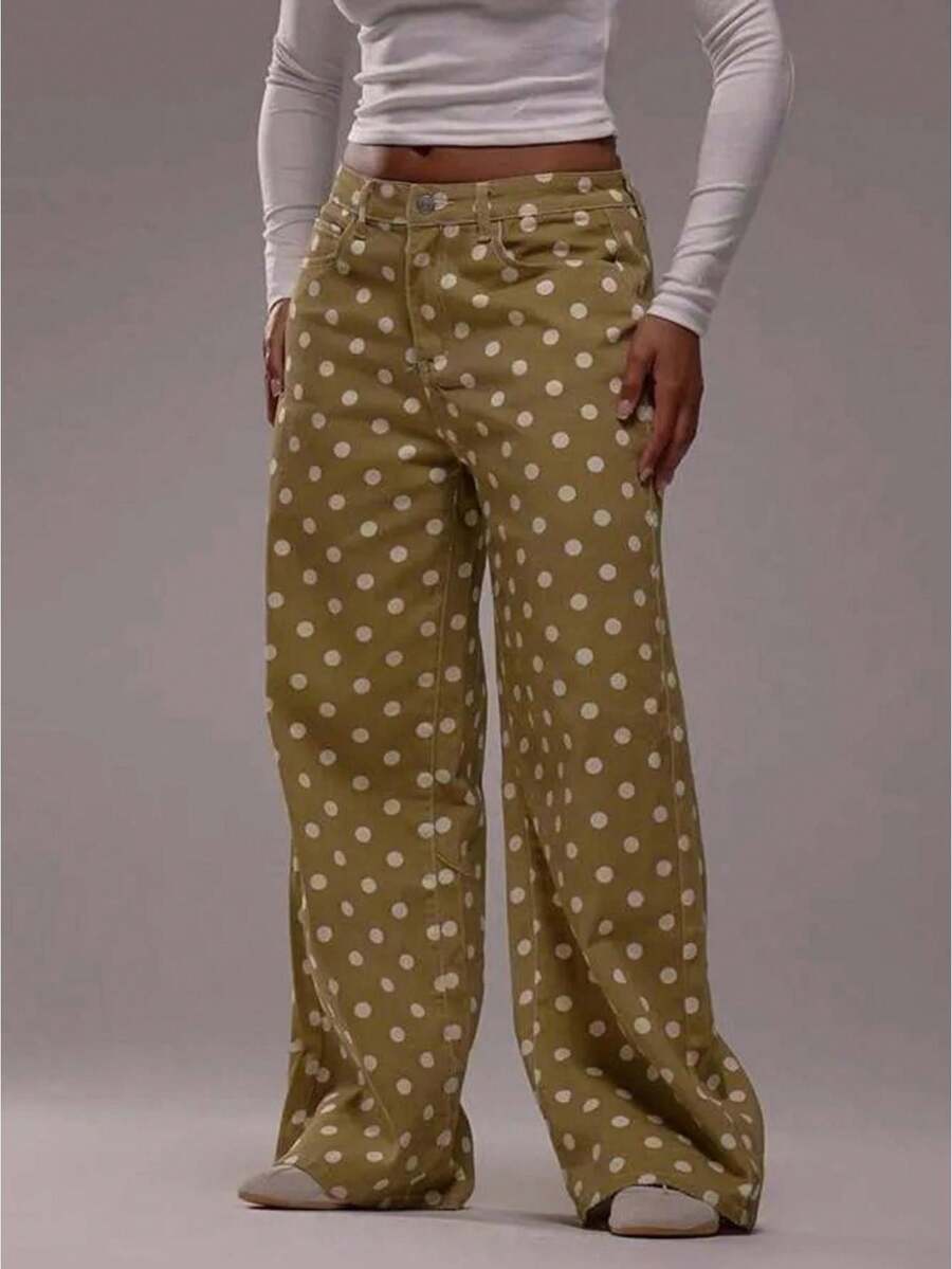 Polka Dot Jeans Women Low Rise Cute Baggy Jeans Y2k Straight Wide Leg Boyfriend Denim Pants Streetwear - 卡其色 - 查看 1