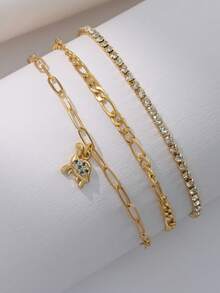 Tkool 3件套女士手链套装，波西米亚夏季海滩风，包含镀金多层基础链、费加罗链、网球锆石链、回形针链、铜镶嵌蓝色锆石海龟吊坠多层叠戴手链，海洋动物叠戴手链饰品礼品 - 金黃色 - 查看 2