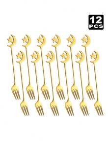 2/4/6/8/12件套不锈钢餐具，月亮和星星图案，适合下午茶和甜点，斋月礼物 - 金色 - 查看 8