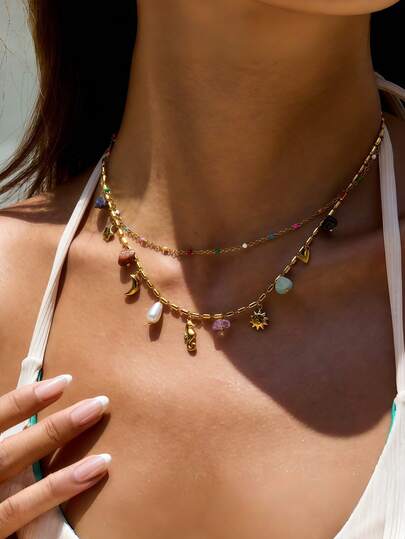 1 pieza Collar de acero inoxidable chapado en oro de 18K multicapa con diseños de caballito de mar, estrella de mar, corazón y sol, de estilo elegante bohemio, joya de regalo para mujeres