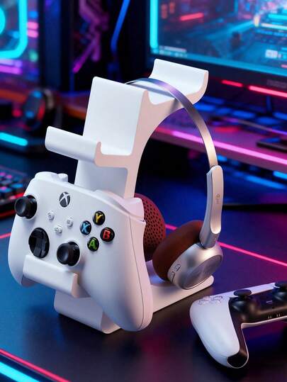 Minimalistiskt hörlursstativ med mattvitt handtag, skrivbordshållare, estetiskt handtag för hörlurar, universellt 3-lagers handtagsstativ och hörlursstativ, speltillbehör kompatibla med PlayStation 4/5 DualSense, X1-Box-serien X/S och hörlursstativ, minimalistisk design i lager, stabil bas, upphöjd plattform.