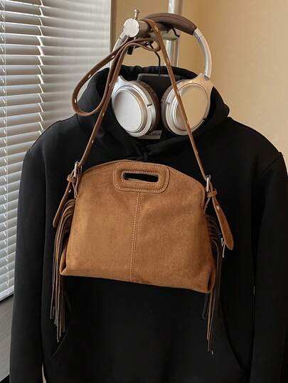 Nouveau sac à épaule mode pour femmes, design minimaliste à gland de couleur unie, matériau en suède de daim synthétique haut de gamme, sac à main élégant pour dames, sac bandoulière, convient pour le shopping, le portefeuille, la promenade, les jeunes femmes, les étudiantes, les nouveaux arrivants, les employés de bureau