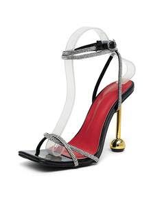 Women's French Style High Heel Shoes, Square Toe Rhinestone Embellished Criss-Cross Strap Sandals, Shiny Suitable For Summer Nightclub, Party, Wedding - Black - View 2