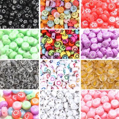 100 piezas/paquete Cuentas planas redondas de acrílico con patrón grabado de estrellas y lunas, cuentas de 7mm con patrón de corazón y flor de colores, para hacer joyas, cadenas de teléfono, pulseras