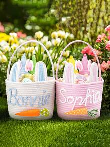 1pc Customizable Crochet Easter Basket, Suitable For Children's Easter Egg Hunt, Baby's First Keepsake, And Spring Decor Basket ,Multi-Scenario - Multicolor - View 3