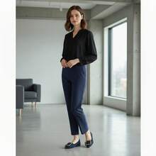 WHDXY 女士海军蓝绒面软底通勤平底鞋，方扣尖头奶奶鞋，修饰脚型，适合搭配职业套装和日常连衣裙 - 藏蓝色 - 查看 8