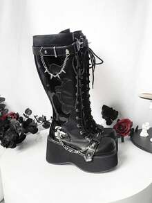 Goth Platform Boots For Women Back To School Punk Motorcycle Boots Mid Calf Round Toe Boots Back Zip Wedges Fall Boots - Đen 2 - Xem 9