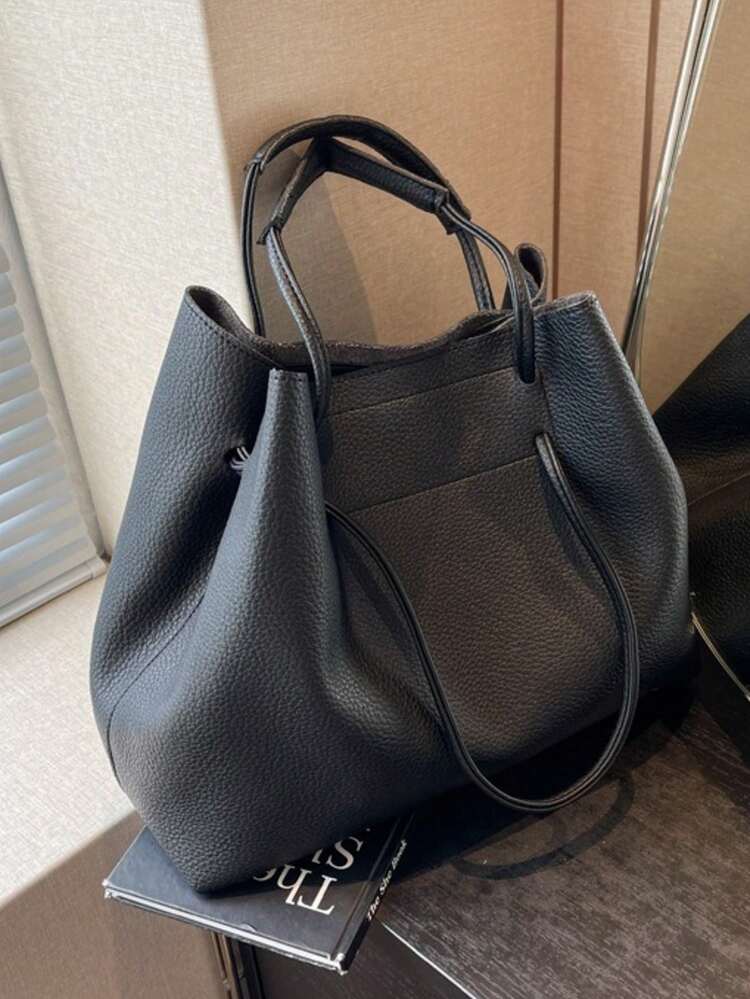 1 pièce Sac à main vintage grande capacité à double usage, sac bandoulière, sac coquille polyvalent pour navette, fourre-tout décontracté avec sangle réglable pour femmes - Noir - Voir 3