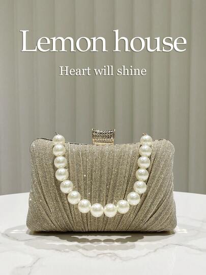 1 st. elegant champagnefärgad veckad glitter-aftonkuvertväska med pärlkedjedekor, vintage handväska i cheongsam-stil, lämplig för fest, bankett, bröllop, bal och andra formella tillfällen