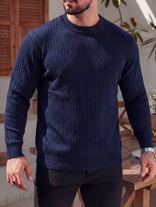 HUODA Men's Loose Thin Casual Ribbed Knit Sweater, Half-High Collar, Minimalist & Fashionable, Suitable For Daily Wear - Navy Blue - View 2