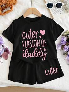 2pcs/Set Cute Graphic T-Shirt + Shorts Set For Teen Girls, Heart Slogan Tee, Casual Daily/School Wear - Black - View 3