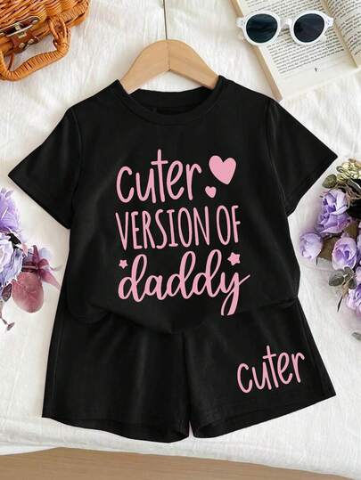 2件套可爱图案T恤+短裤套装，适合青少年女孩，心形标语T恤，休闲日常/校园装