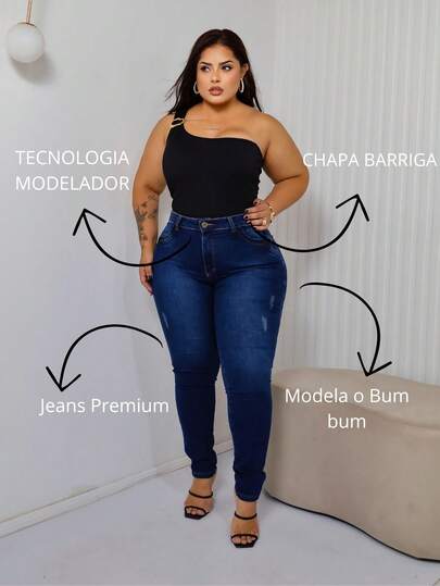Calça Jeans Feminina Plus Size Skinny Moderna Lavagem Escura Cintura Alta Chapa Barriga com Elastano