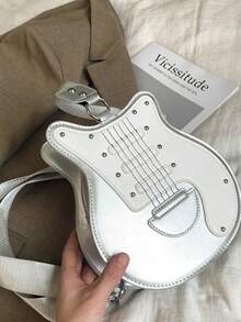 1pc Fashion Guitar Shaped Crossbody Bag | Versatile Colorblock, Adjustable Shoulder Strap Sling Bag | Polyester Lining | Zipper Closure - Multicolor - View 8