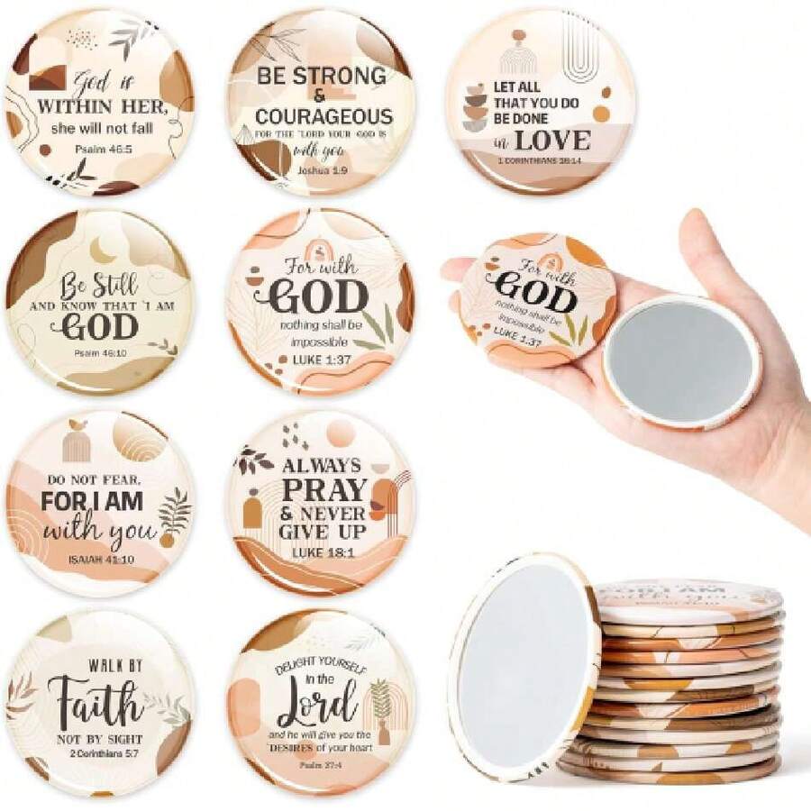 Bible Verse Compact Mirrors - 36Pcs Boho Christian Gifts Bulk Bible Verse Mini Compact Mirrors Inspirational Small Portable Round Pocket  Mirror For Purse Church Party Favors For Women,39797850 - 棕色 - 查看 1