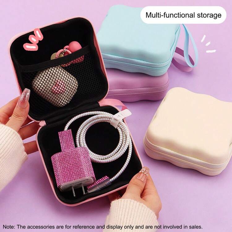 Shockproof Solid Color Material 1pc Square Wave Bluetooth Earphone Cable Portable Small Storage Bag Charger Power Bank Organizer Box Solid Color Anti Pressure Anti Drop Large Capacity Protective Case Compact Portable Travel Accessory Storage Women Gift Birthday - Multicolor - View 4