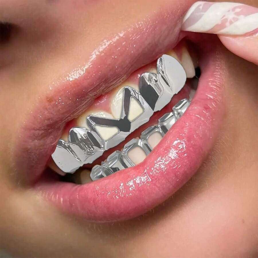1 Set Unique 6-Tooth Upper & Lower Hollow Tooth Grillz, Unisex Nightclub Party Tooth Jewelry Accessories - Multicolor - View 1