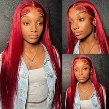 38 Inch Red Lace Front Wig Human Hair Brazilian Virgin Straight Lace Front Wigs Human Hair 250% Density Colored Human Hair Wig 13x4 HD Lace Frontal Wig For Women Burgundy Red Colored Pre Plucked With Baby Hair Natural Hairline - SRed - 查看 7
