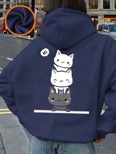 可爱猫咪印花抓绒套头衫，女童款，保暖舒适，适合秋冬季节、休闲、街头风和校园风穿着。