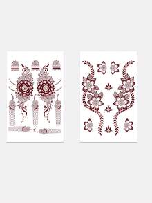 2 Sheets Of Valentine's Day/Ramadan Henna Temporary Tattoo Stickers, Red Lace Flower Gyro Henna Pattern, Fashionable Hand Nail Art Fake Tattoo, Plant Fake Tattoo - Temporary Tattoo - Popular And Suitable For Birthdays, Weddings, Party Decorations, Lasts 3-5 Days. - Red - View 4