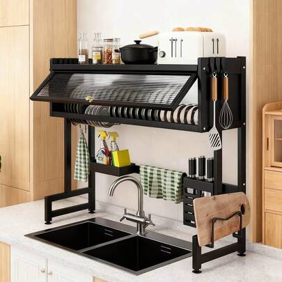 HanTai Over The Sink Dish Drying Rack - Adjustable 3 Tier XX-Large Capacity Stainless Steel Drainer With Cutlery & Utensil Holders, Kitchen Storage & Organization, 33.5"L X 12"W X 31.5"H,