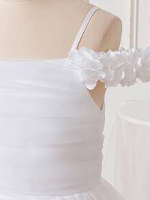 Vestido largo elegante de unicolor con tirantes de espagueti y encaje de malla para niñas preadolescentes, adecuado para niña de las flores en bodas, cenas formales, no incluye diadema - Blanco - Ver 7