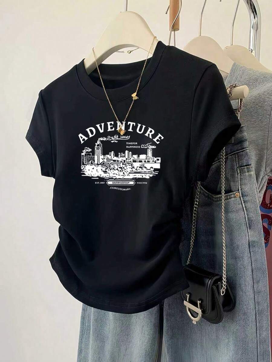 黑色印花柔软休闲短款短袖上衣（夏季款） - 黑色 - 查看 1