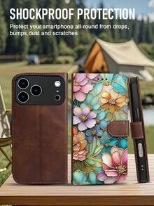 1PC Premium Durable Flip Wallet Phone Case Colorful Flowers With Gold Trim Art Pattern Design Compatible With IPhone 17/16/15/14/13/12 Series (Including Pro Max And Plus Models) With Foldable Stand And Credit Card Slots, Custom Made For Those Who Pursue Fashion And Perfection. - màu nâu - Xem 5