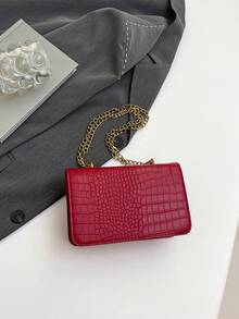 1件装女士新款时尚复古单肩包，金属链条轻便斜挎包，PU材质，休闲翻盖方包，鳄鱼皮纹包，女孩购物包，适合女士日常通勤，小巧便携 - 紅色 - 查看 8