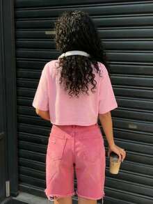 Blusa de mujer de corte holgado, cuello redondo, manga corta, casual, adecuada para primavera y verano, con estilo minimalista, elegante y sexy Y2K, apta para uso diario, oficina, hogar y exteriores, color negro - Rosa - Ver 5